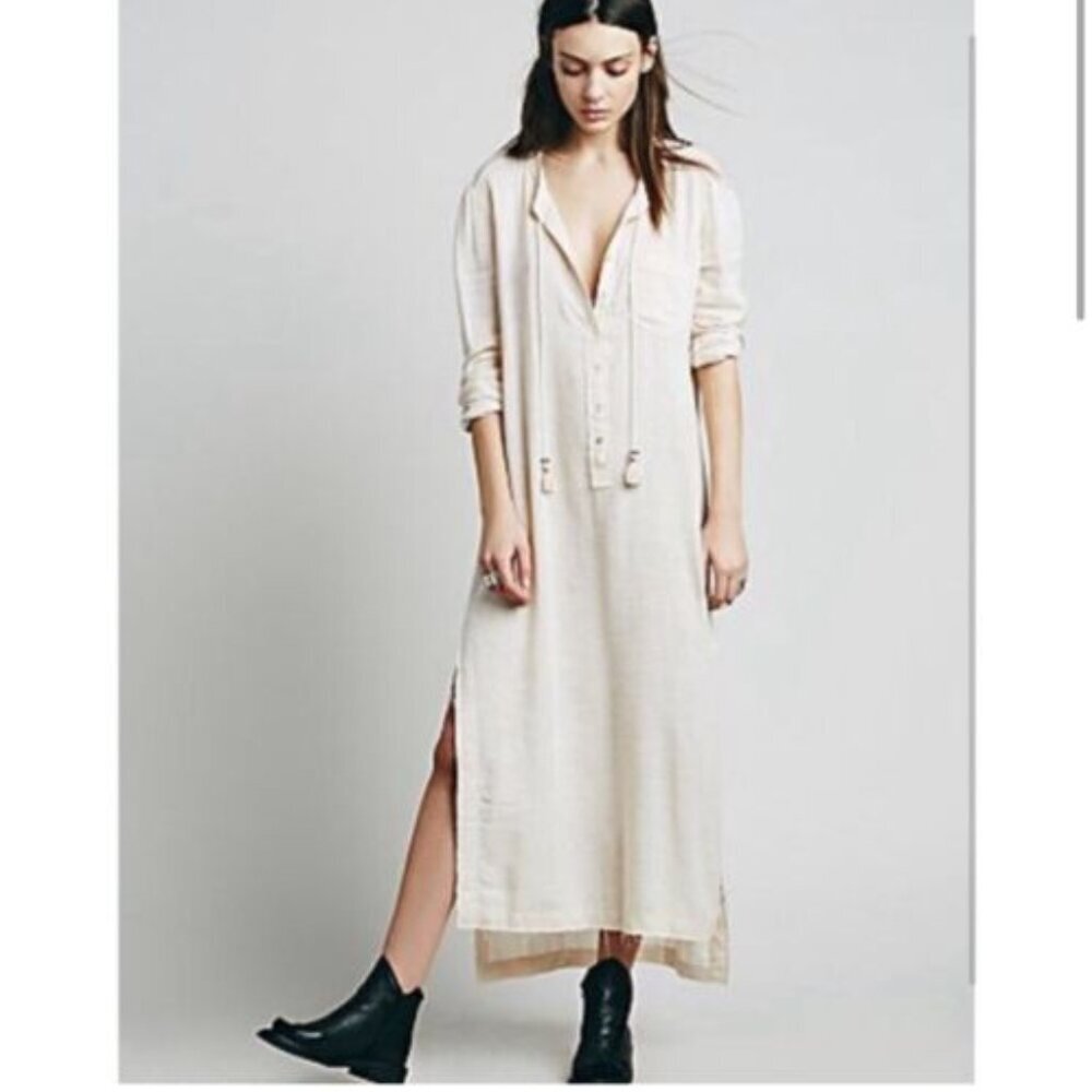 Free People Cream Buttoned Maxi Dress with Plunge Neckline